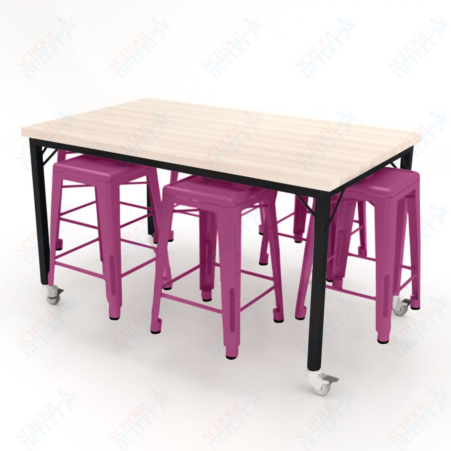 CEF Brainstorm Workbench 34"H with Butcher Block Top and Steel Frame, 6 Magnetic Metal Stools Included, for 3rd Grade and Up ADA Compliant - SchoolOutlet