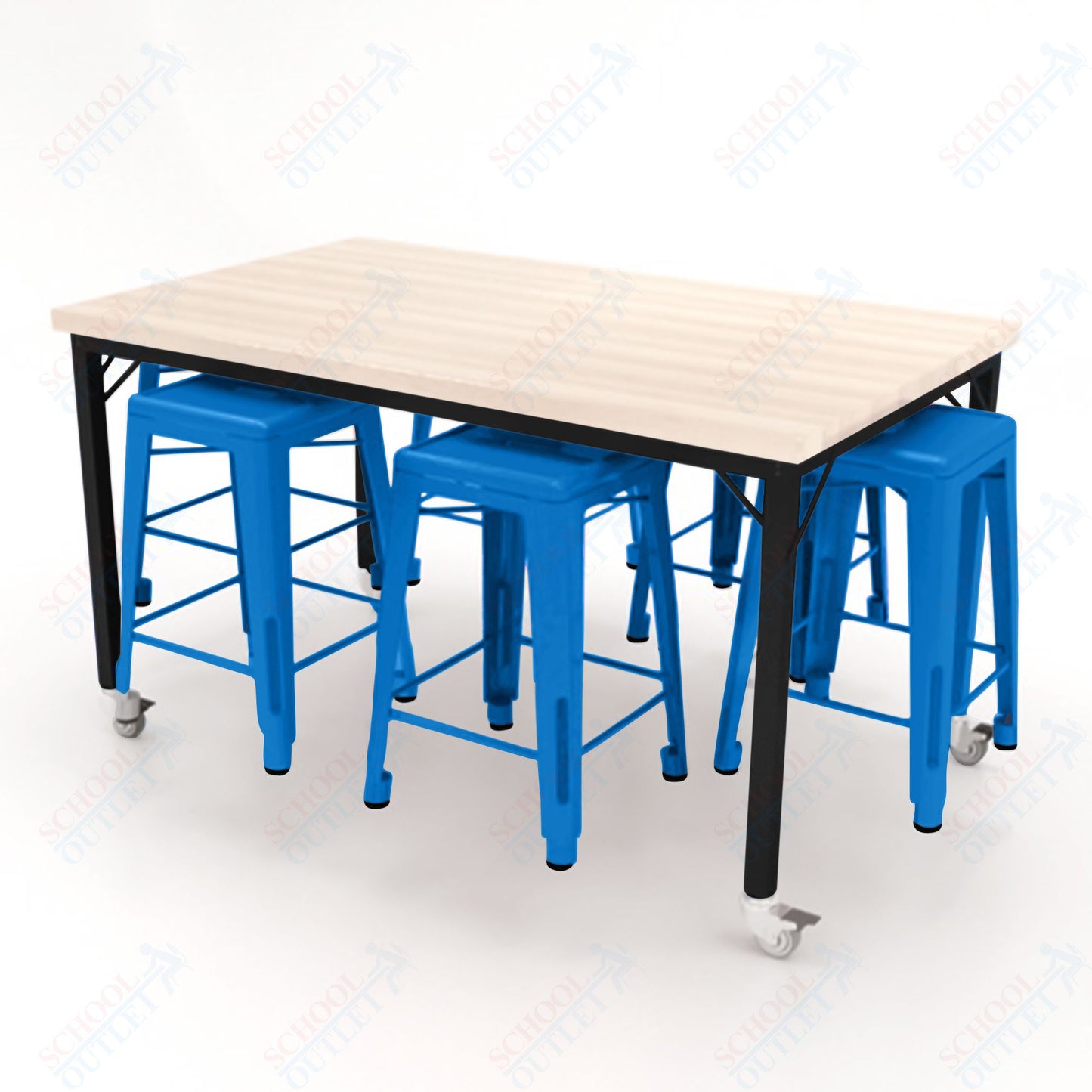 CEF Brainstorm Workbench 34"H with Butcher Block Top and Steel Frame, 6 Magnetic Metal Stools Included, for 3rd Grade and Up ADA Compliant - SchoolOutlet