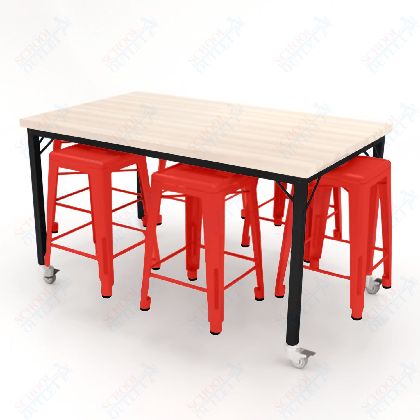 CEF Brainstorm Workbench 34"H with Butcher Block Top and Steel Frame, 6 Magnetic Metal Stools Included, for 3rd Grade and Up ADA Compliant - SchoolOutlet