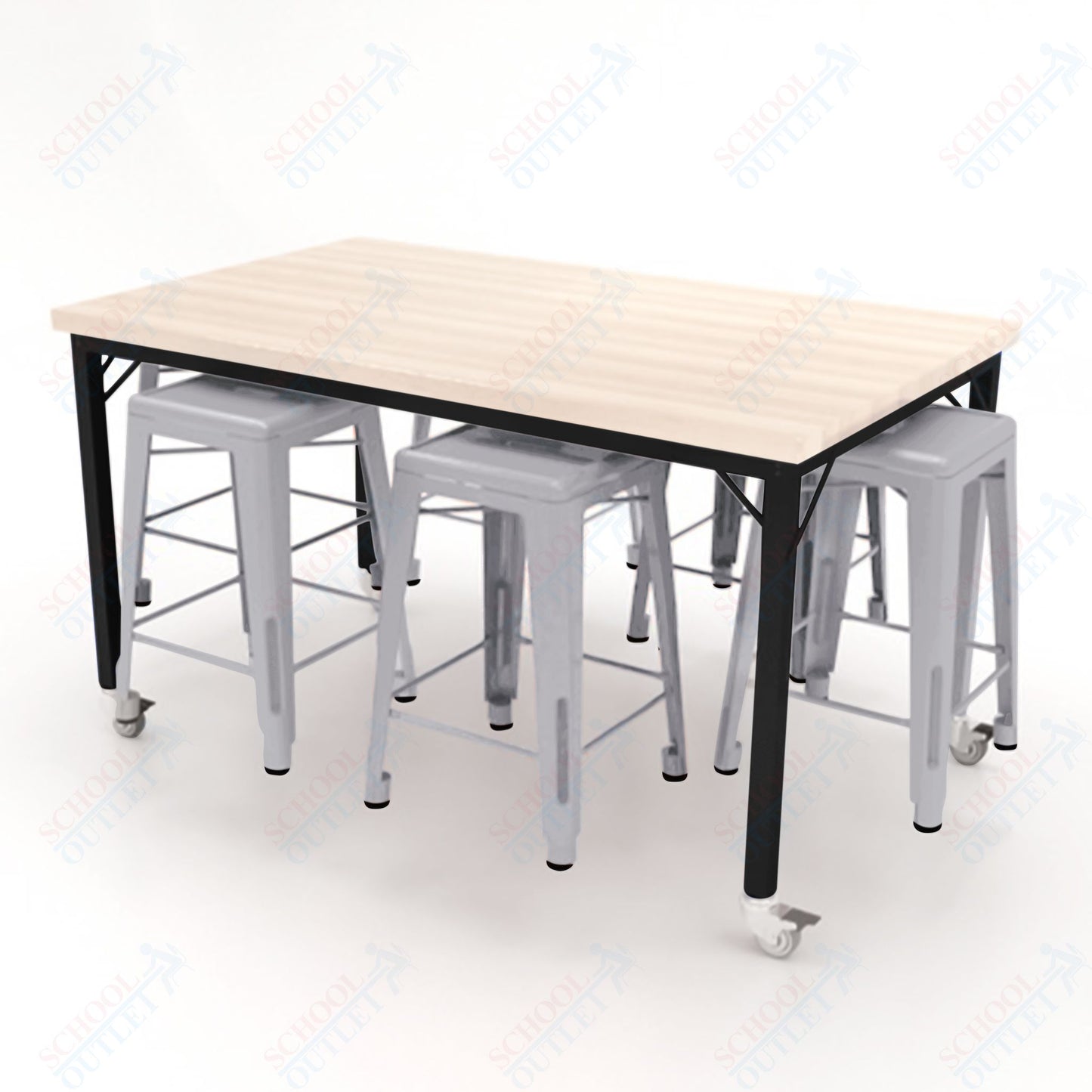 CEF Brainstorm Workbench 34"H with Butcher Block Top and Steel Frame, 6 Magnetic Metal Stools Included, for 3rd Grade and Up ADA Compliant - SchoolOutlet