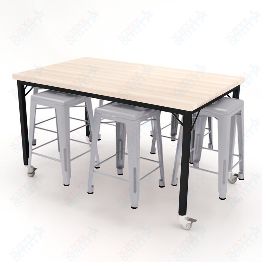 CEF Brainstorm Workbench 34"H with Butcher Block Top and Steel Frame, 6 Magnetic Metal Stools Included, for 3rd Grade and Up ADA Compliant - SchoolOutlet