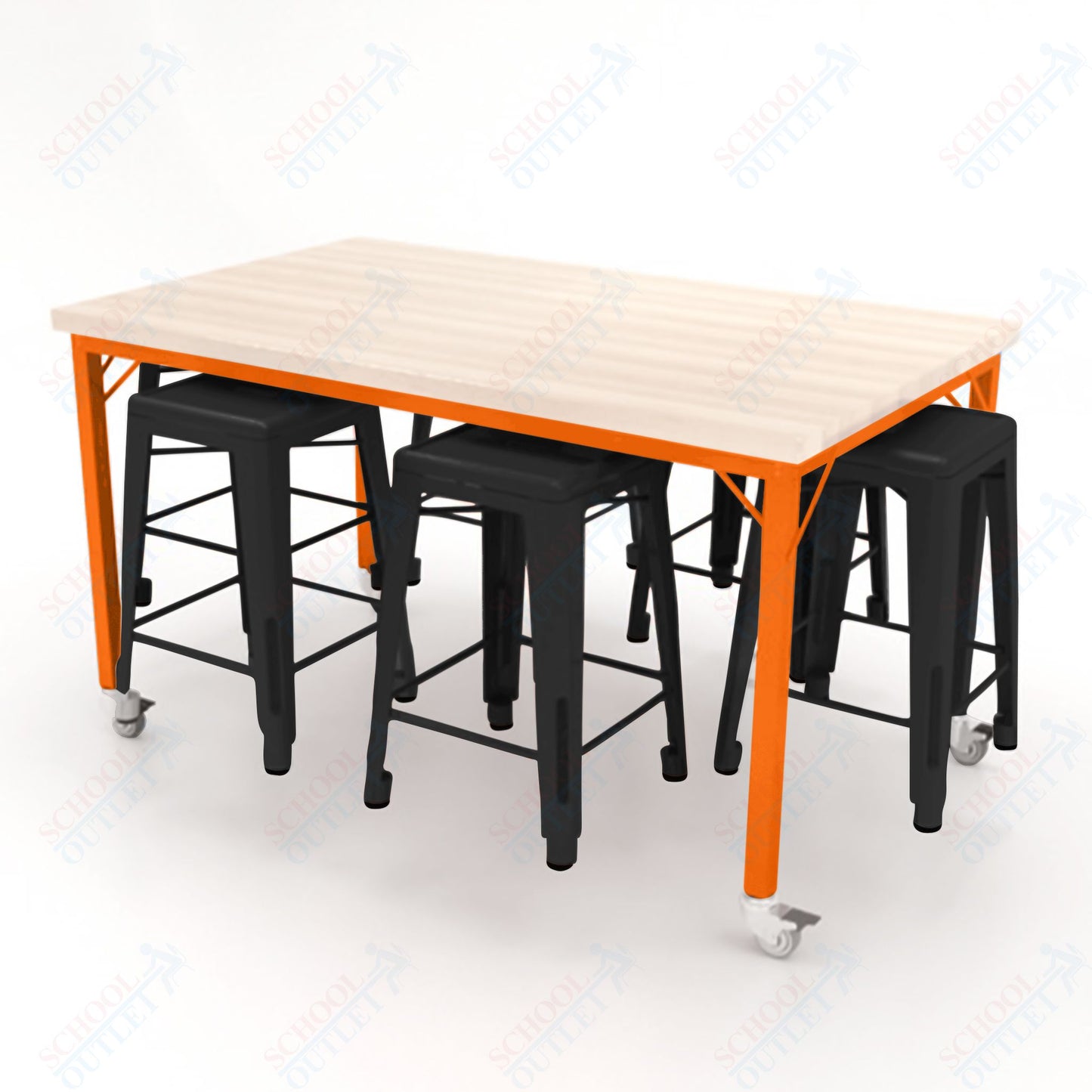 CEF Brainstorm Workbench 34"H with Butcher Block Top and Steel Frame, 6 Magnetic Metal Stools Included, for 3rd Grade and Up ADA Compliant - SchoolOutlet