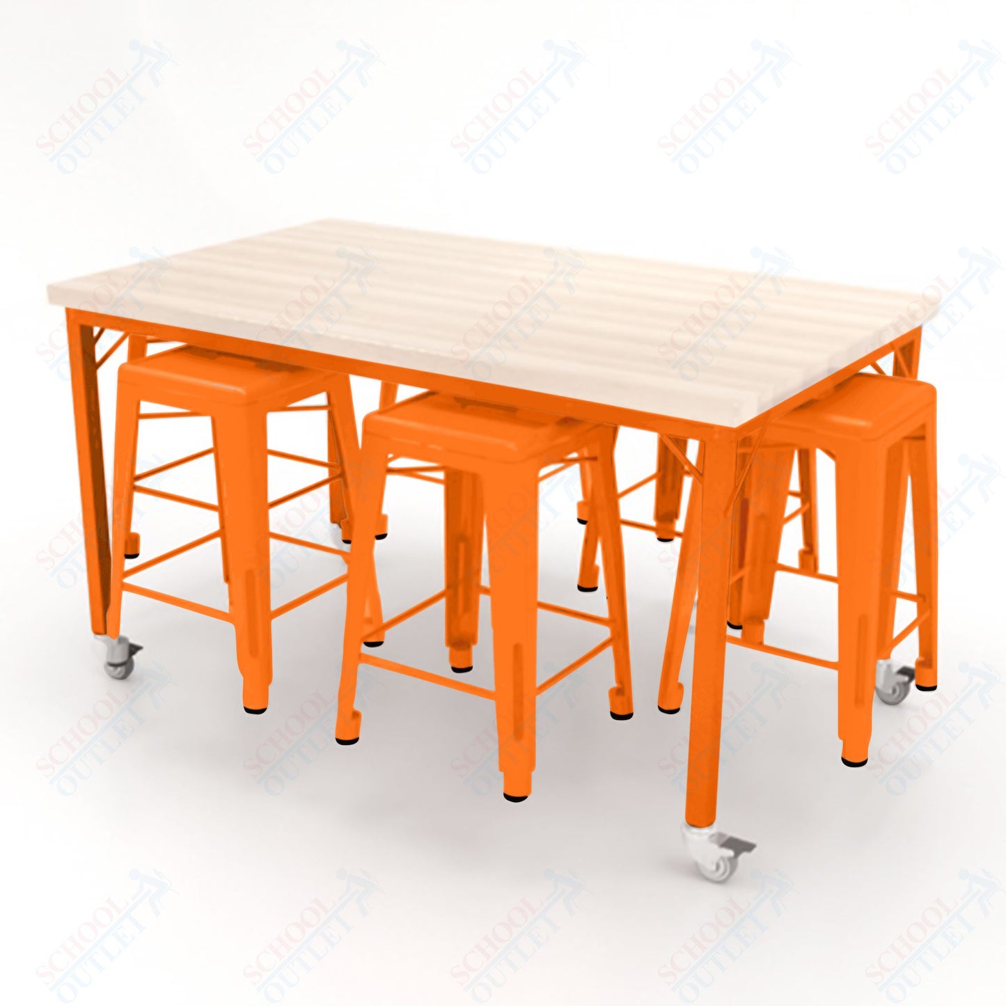 CEF Brainstorm Workbench 34"H with Butcher Block Top and Steel Frame, 6 Magnetic Metal Stools Included, for 3rd Grade and Up ADA Compliant - SchoolOutlet