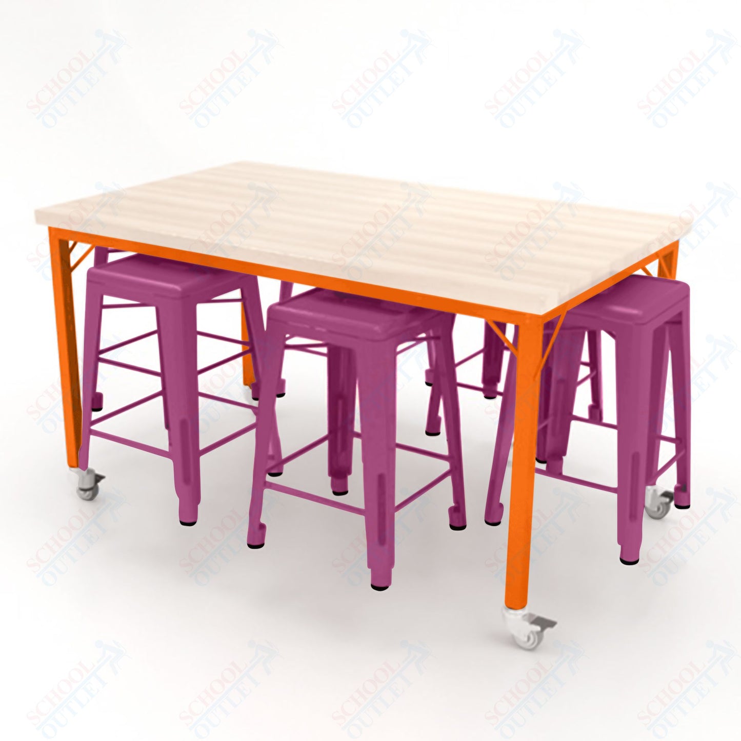 CEF Brainstorm Workbench 34"H with Butcher Block Top and Steel Frame, 6 Magnetic Metal Stools Included, for 3rd Grade and Up ADA Compliant - SchoolOutlet