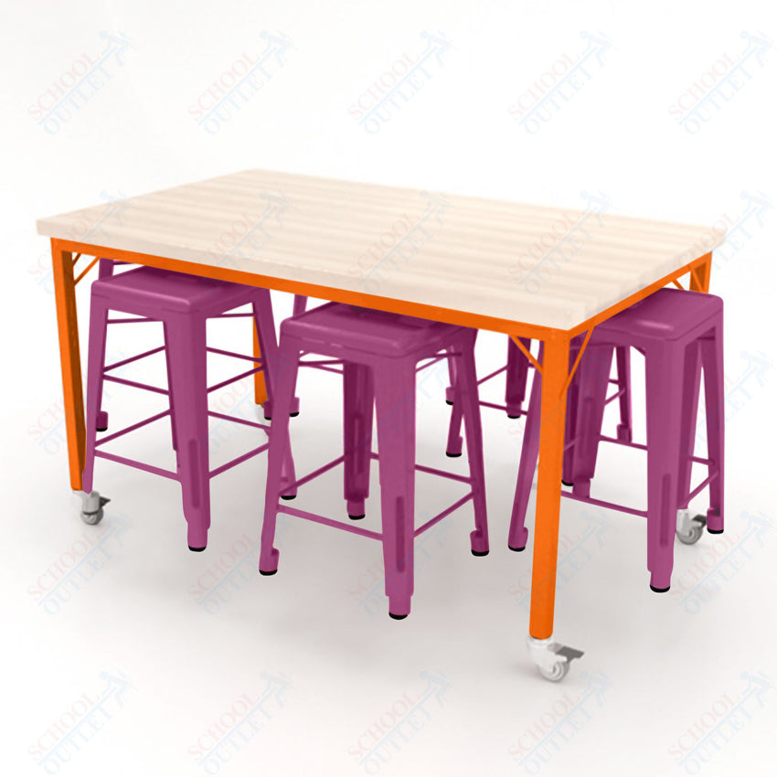 CEF Brainstorm Workbench 34"H with Butcher Block Top and Steel Frame, 6 Magnetic Metal Stools Included, for 3rd Grade and Up ADA Compliant - SchoolOutlet