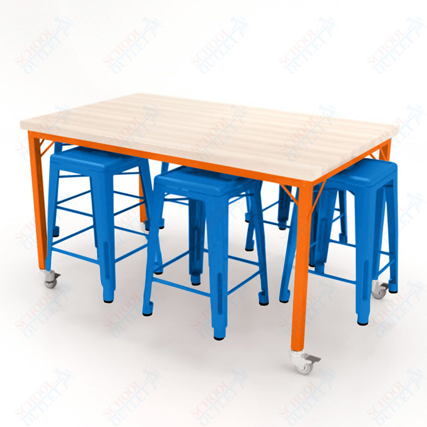 CEF Brainstorm Workbench 34"H with Butcher Block Top and Steel Frame, 6 Magnetic Metal Stools Included, for 3rd Grade and Up ADA Compliant - SchoolOutlet