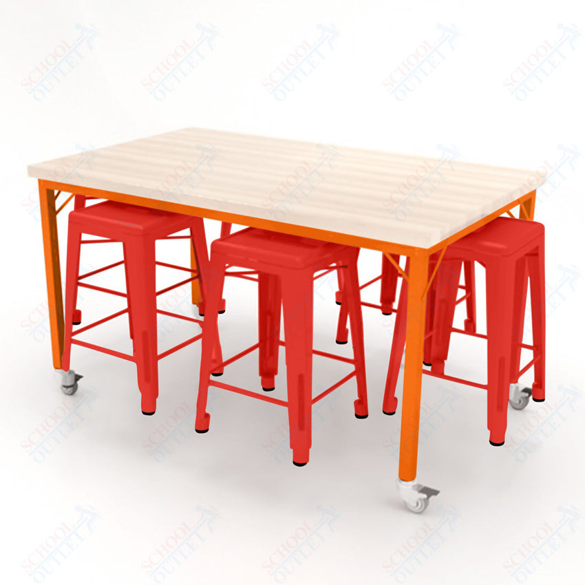 CEF Brainstorm Workbench 34"H with Butcher Block Top and Steel Frame, 6 Magnetic Metal Stools Included, for 3rd Grade and Up ADA Compliant - SchoolOutlet