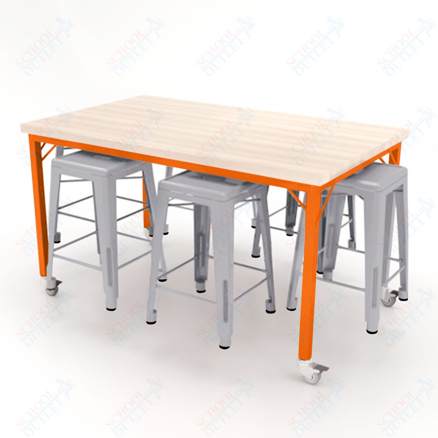 CEF Brainstorm Workbench 34"H with Butcher Block Top and Steel Frame, 6 Magnetic Metal Stools Included, for 3rd Grade and Up ADA Compliant - SchoolOutlet
