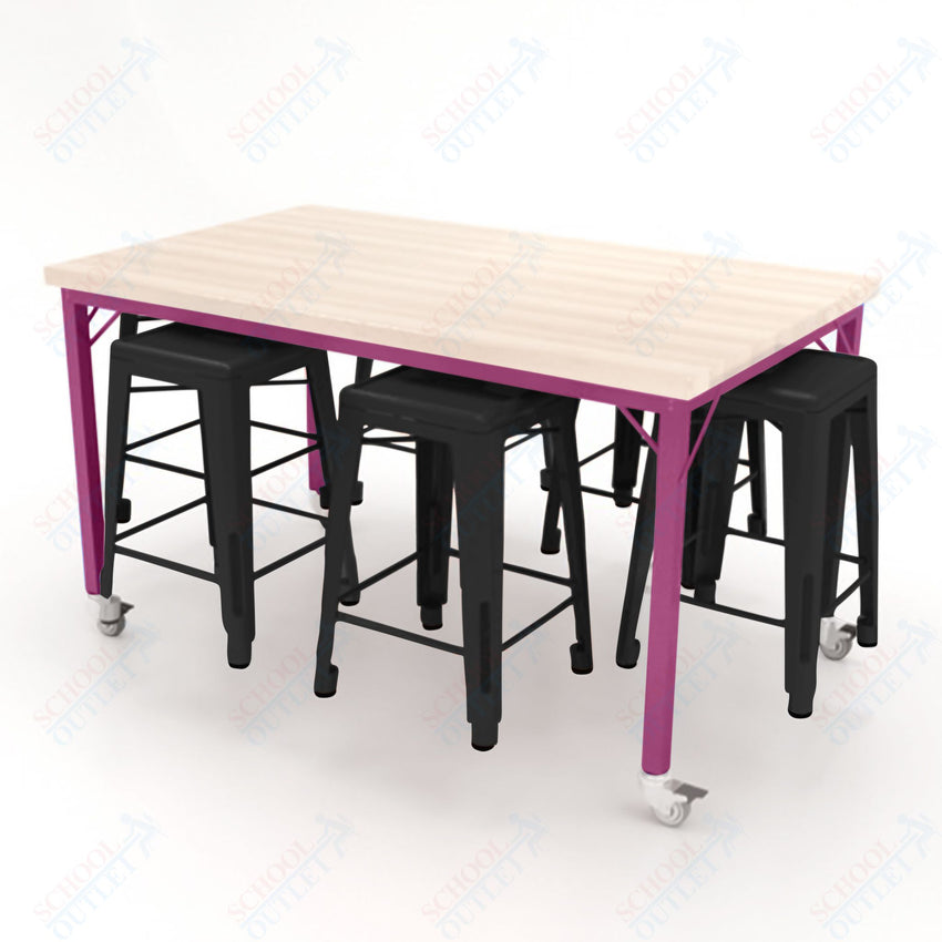 CEF Brainstorm Workbench 34"H with Butcher Block Top and Steel Frame, 6 Magnetic Metal Stools Included, for 3rd Grade and Up ADA Compliant - SchoolOutlet