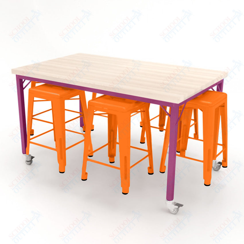CEF Brainstorm Workbench 34"H with Butcher Block Top and Steel Frame, 6 Magnetic Metal Stools Included, for 3rd Grade and Up ADA Compliant - SchoolOutlet