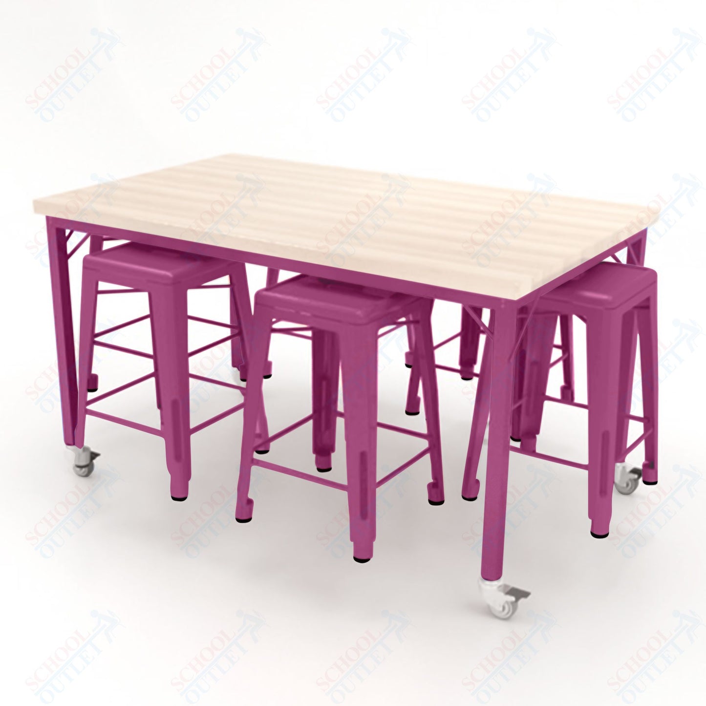 CEF Brainstorm Workbench 34"H with Butcher Block Top and Steel Frame, 6 Magnetic Metal Stools Included, for 3rd Grade and Up ADA Compliant - SchoolOutlet