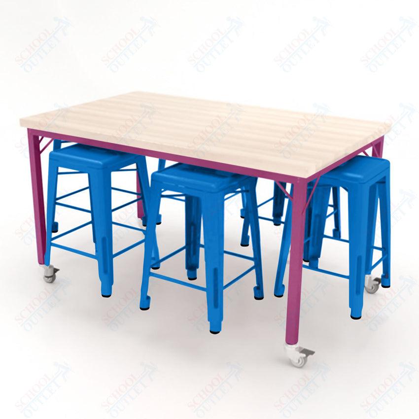 CEF Brainstorm Workbench 34"H with Butcher Block Top and Steel Frame, 6 Magnetic Metal Stools Included, for 3rd Grade and Up ADA Compliant - SchoolOutlet