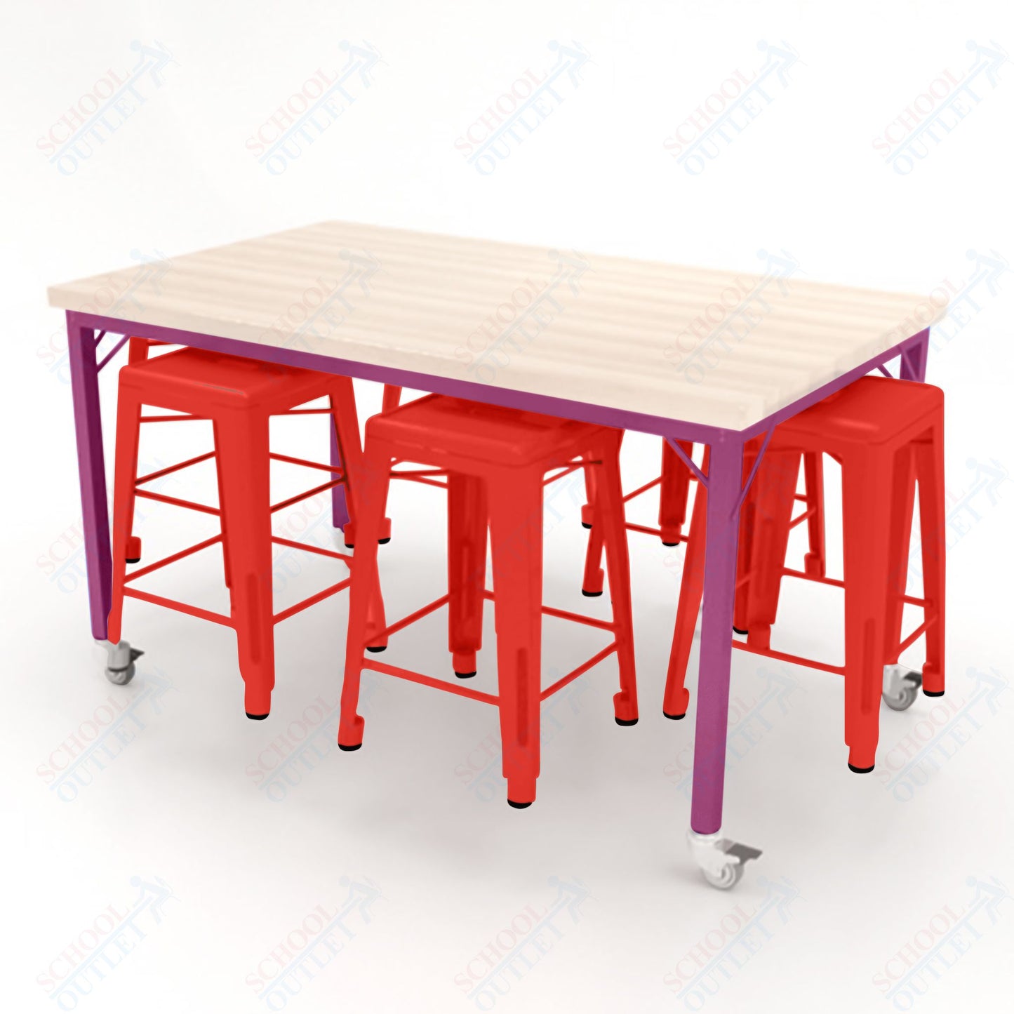 CEF Brainstorm Workbench 34"H with Butcher Block Top and Steel Frame, 6 Magnetic Metal Stools Included, for 3rd Grade and Up ADA Compliant - SchoolOutlet