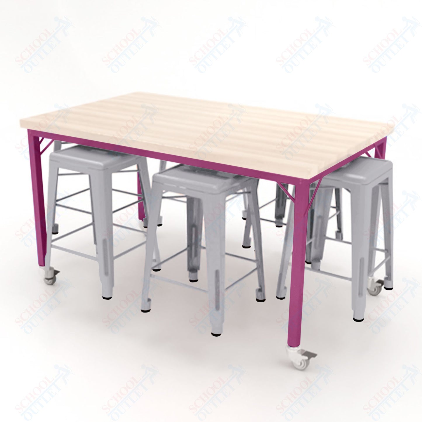 CEF Brainstorm Workbench 34"H with Butcher Block Top and Steel Frame, 6 Magnetic Metal Stools Included, for 3rd Grade and Up ADA Compliant - SchoolOutlet