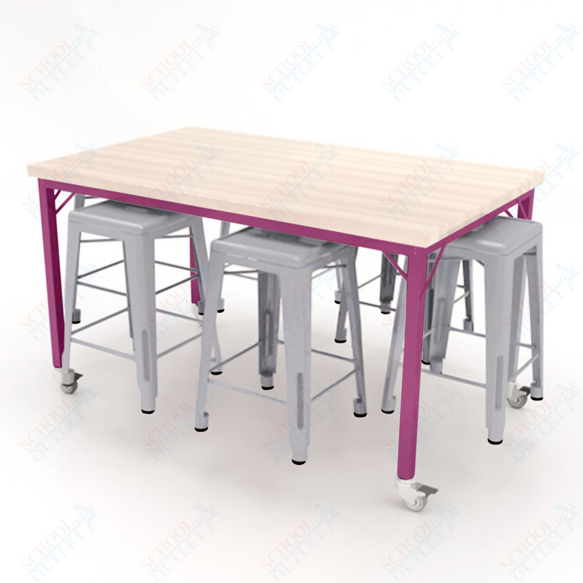 CEF Brainstorm Workbench 34"H with Butcher Block Top and Steel Frame, 6 Magnetic Metal Stools Included, for 3rd Grade and Up ADA Compliant - SchoolOutlet