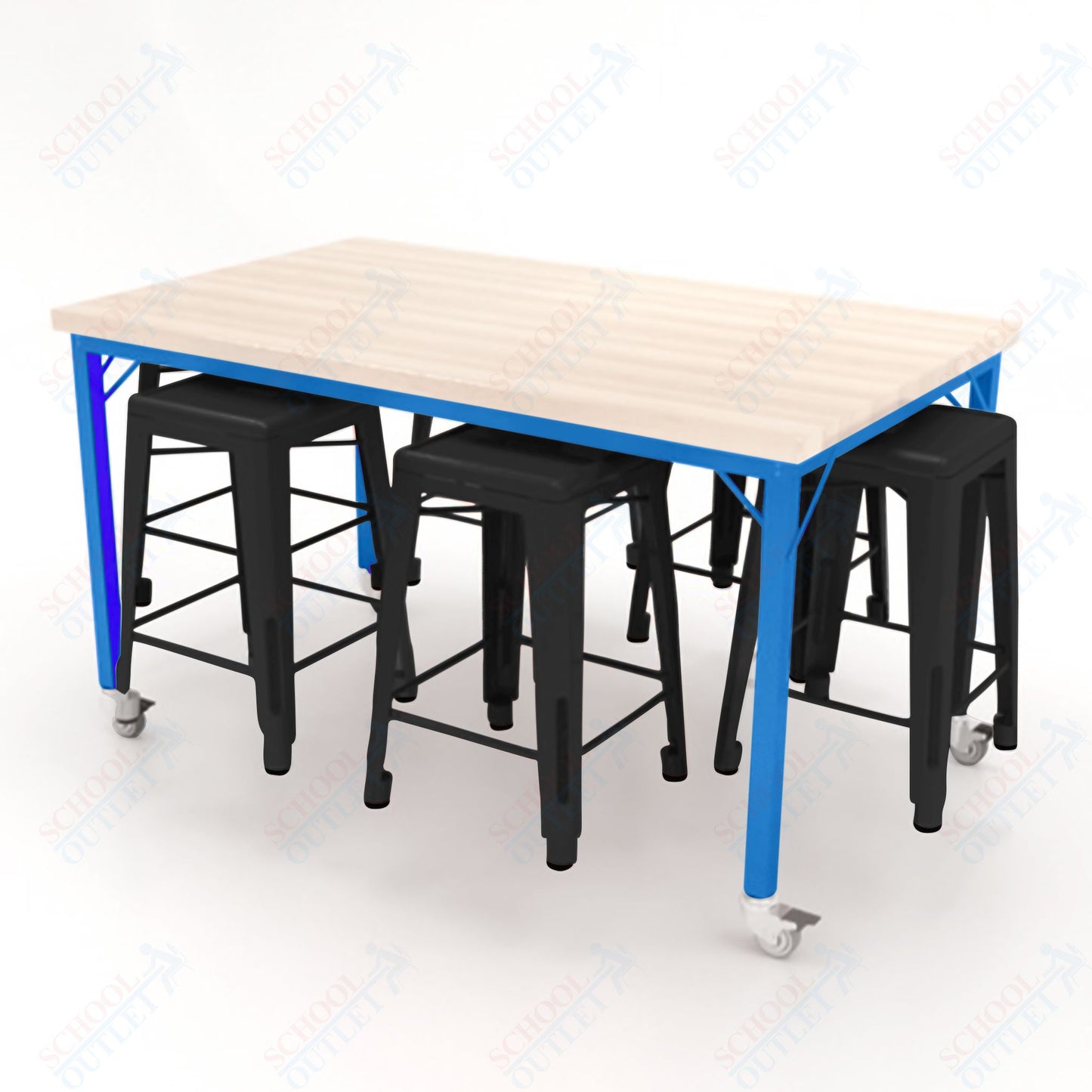 CEF Brainstorm Workbench 34"H with Butcher Block Top and Steel Frame, 6 Magnetic Metal Stools Included, for 3rd Grade and Up ADA Compliant - SchoolOutlet