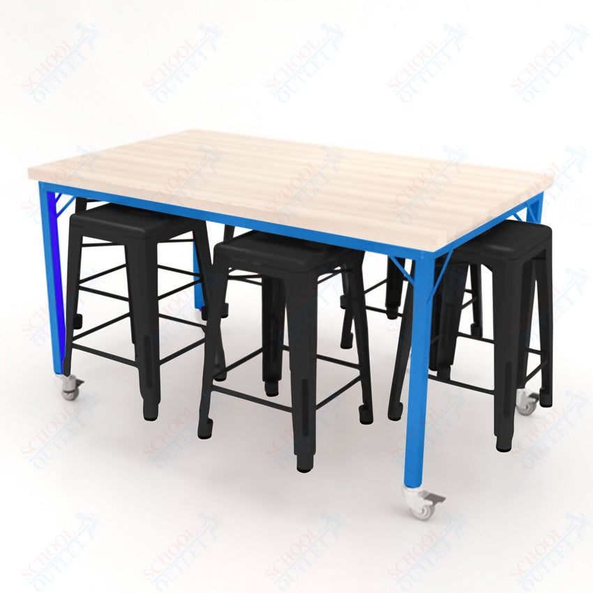 CEF Brainstorm Workbench 34"H with Butcher Block Top and Steel Frame, 6 Magnetic Metal Stools Included, for 3rd Grade and Up ADA Compliant - SchoolOutlet
