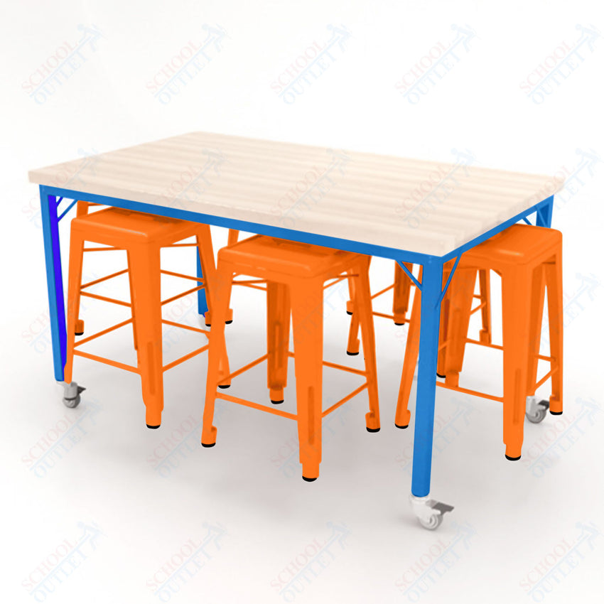 CEF Brainstorm Workbench 34"H with Butcher Block Top and Steel Frame, 6 Magnetic Metal Stools Included, for 3rd Grade and Up ADA Compliant - SchoolOutlet