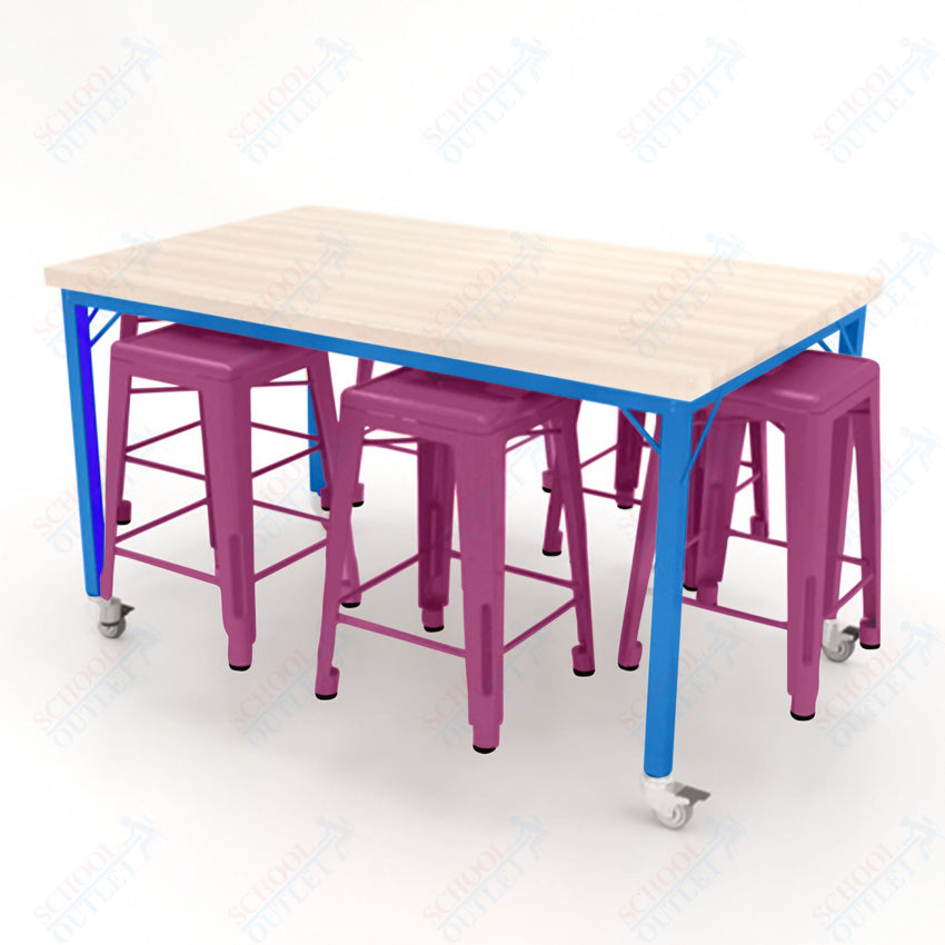 CEF Brainstorm Workbench 34"H with Butcher Block Top and Steel Frame, 6 Magnetic Metal Stools Included, for 3rd Grade and Up ADA Compliant - SchoolOutlet