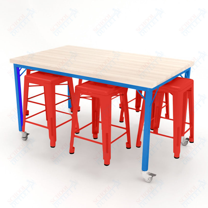 CEF Brainstorm Workbench 34"H with Butcher Block Top and Steel Frame, 6 Magnetic Metal Stools Included, for 3rd Grade and Up ADA Compliant - SchoolOutlet