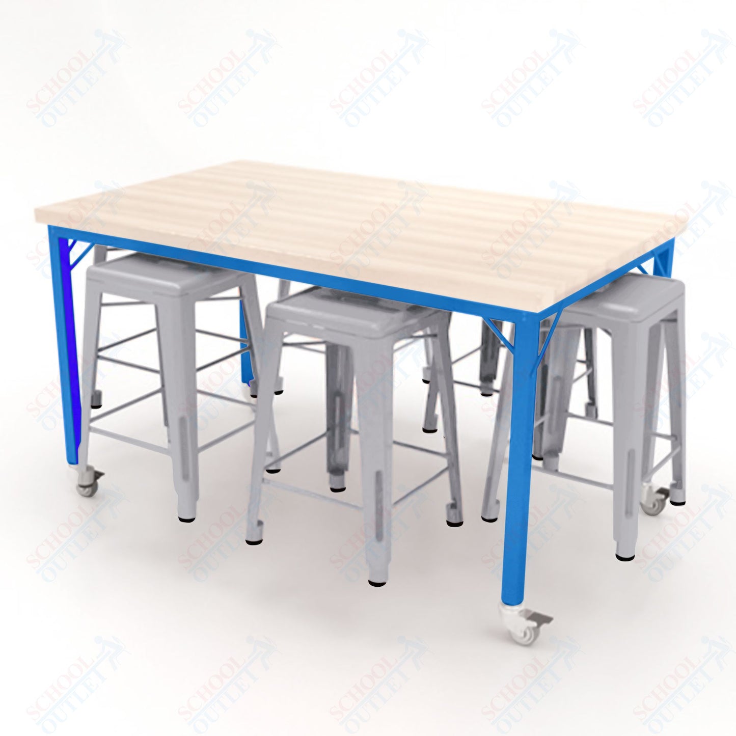 CEF Brainstorm Workbench 34"H with Butcher Block Top and Steel Frame, 6 Magnetic Metal Stools Included, for 3rd Grade and Up ADA Compliant - SchoolOutlet