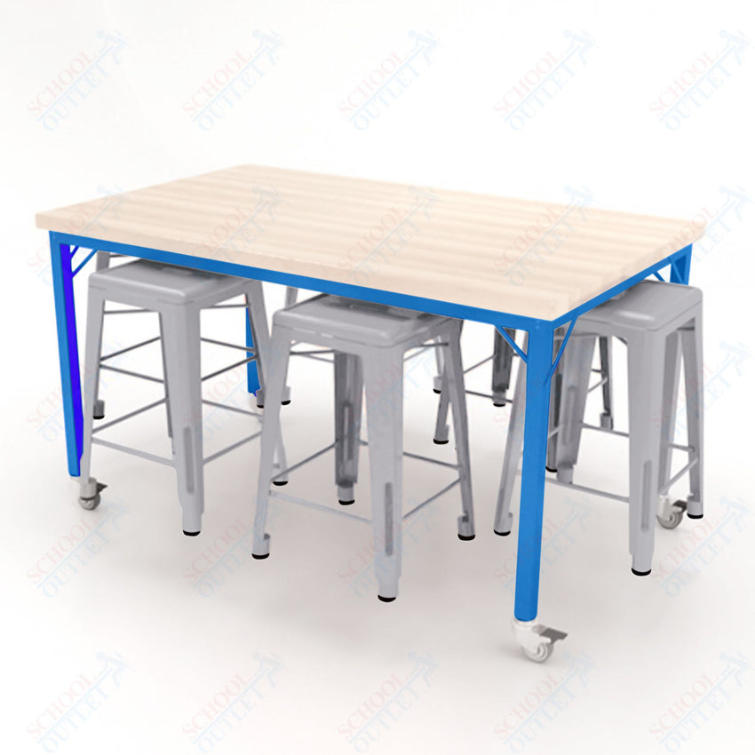 CEF Brainstorm Workbench 34"H with Butcher Block Top and Steel Frame, 6 Magnetic Metal Stools Included, for 3rd Grade and Up ADA Compliant - SchoolOutlet