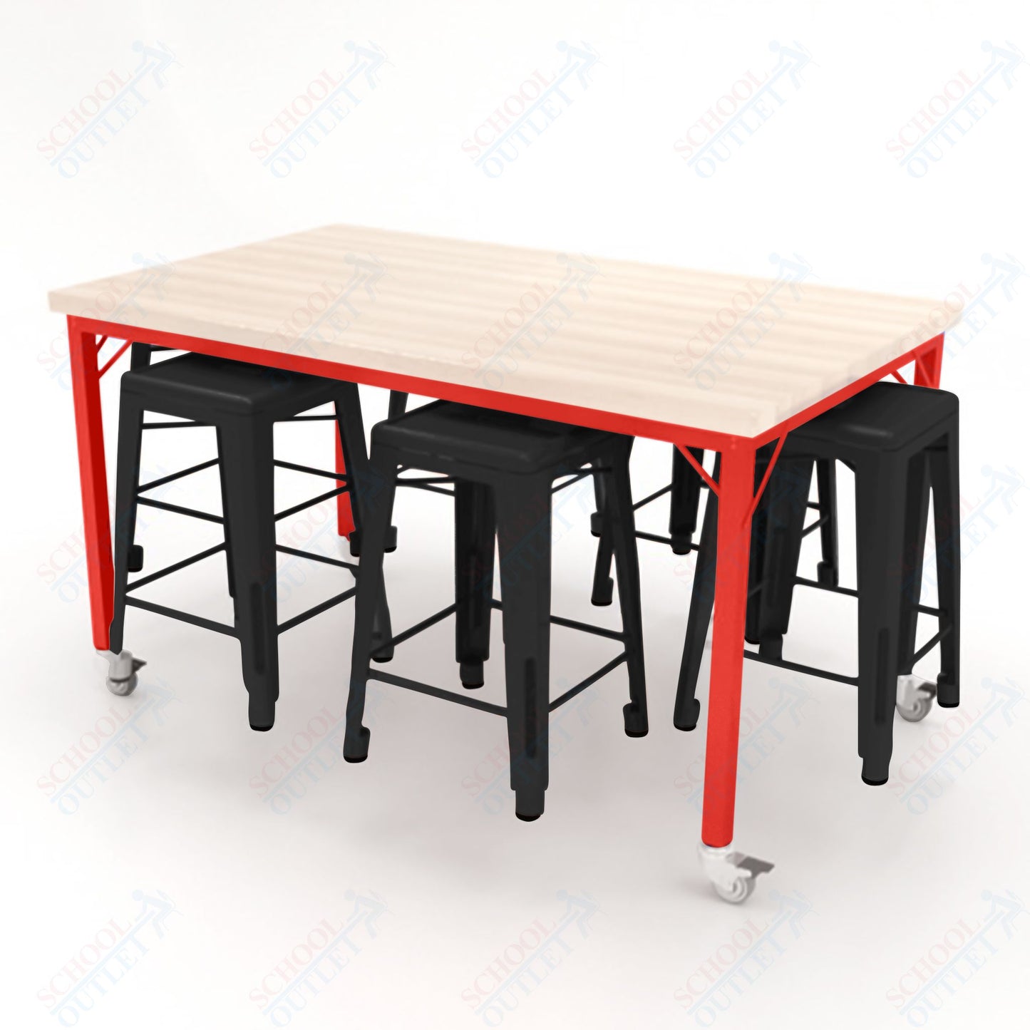 CEF Brainstorm Workbench 34"H with Butcher Block Top and Steel Frame, 6 Magnetic Metal Stools Included, for 3rd Grade and Up ADA Compliant - SchoolOutlet