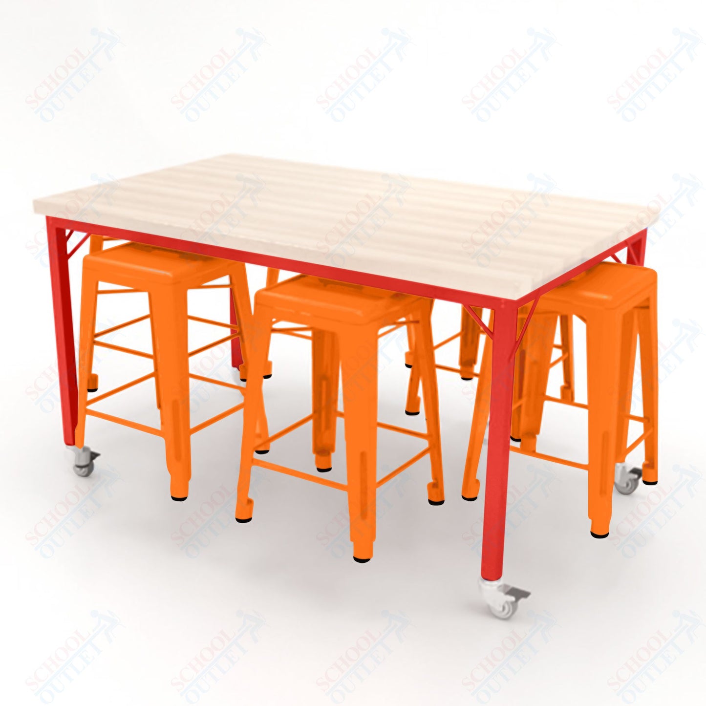 CEF Brainstorm Workbench 34"H with Butcher Block Top and Steel Frame, 6 Magnetic Metal Stools Included, for 3rd Grade and Up ADA Compliant - SchoolOutlet