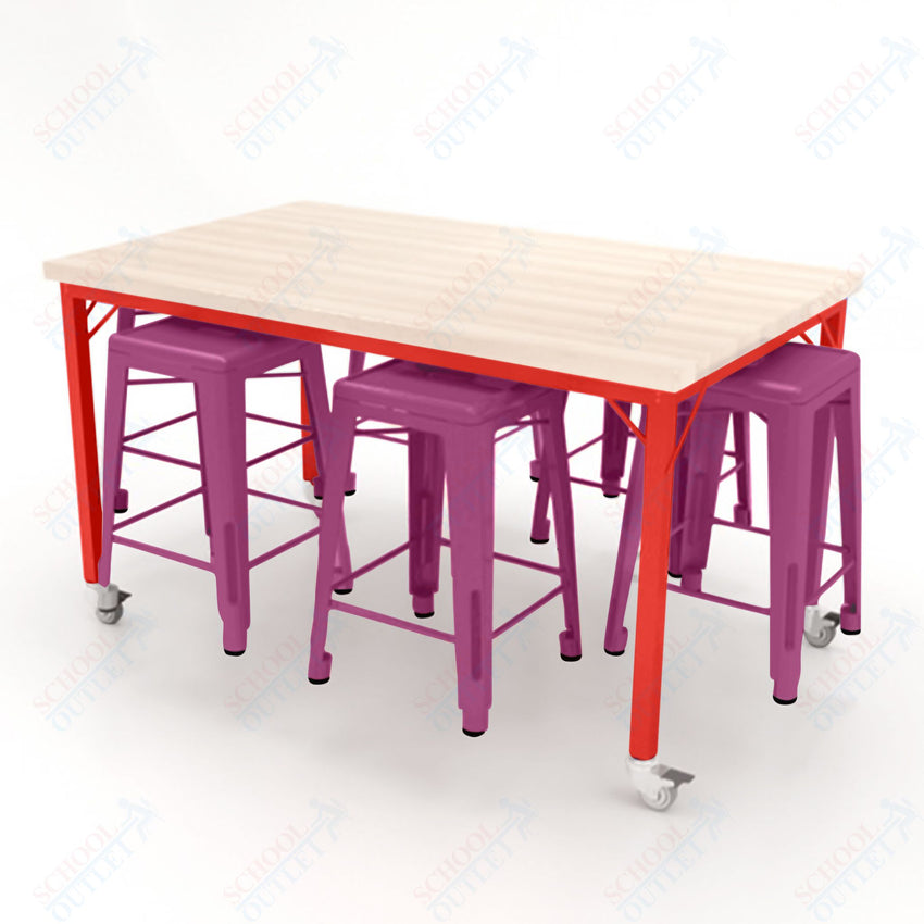 CEF Brainstorm Workbench 34"H with Butcher Block Top and Steel Frame, 6 Magnetic Metal Stools Included, for 3rd Grade and Up ADA Compliant - SchoolOutlet