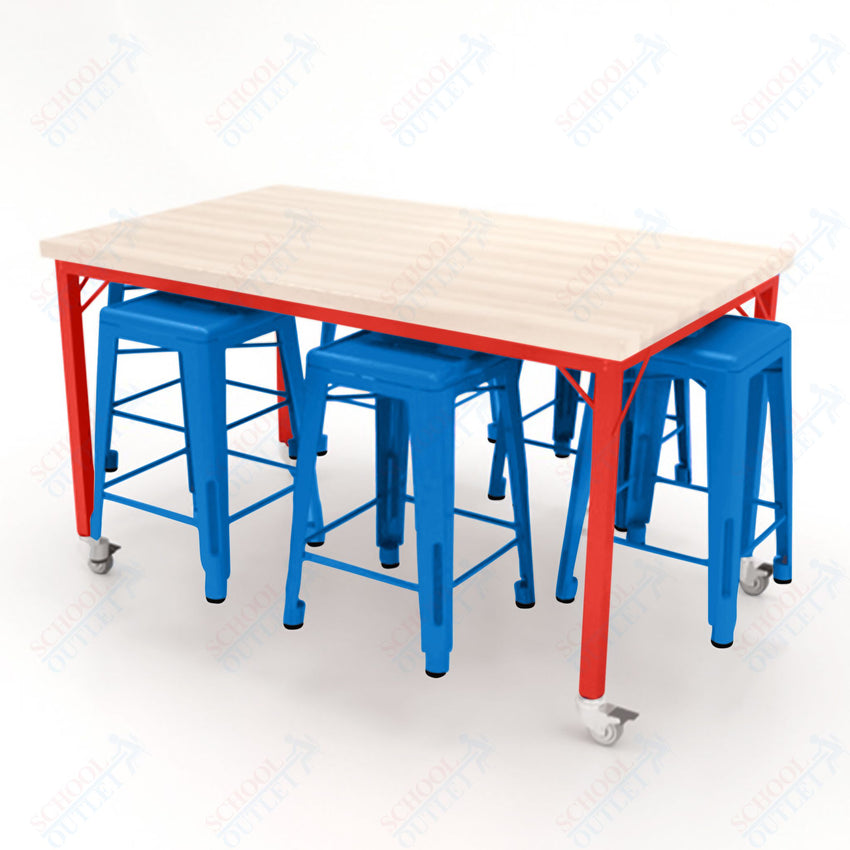 CEF Brainstorm Workbench 34"H with Butcher Block Top and Steel Frame, 6 Magnetic Metal Stools Included, for 3rd Grade and Up ADA Compliant - SchoolOutlet