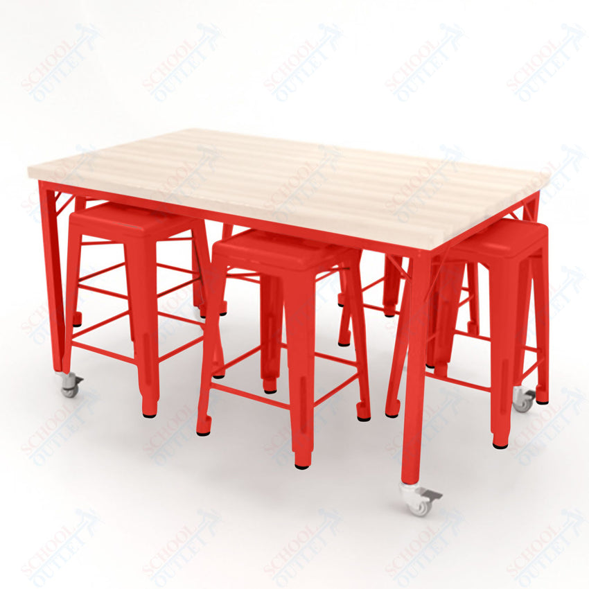 CEF Brainstorm Workbench 34"H with Butcher Block Top and Steel Frame, 6 Magnetic Metal Stools Included, for 3rd Grade and Up ADA Compliant - SchoolOutlet