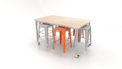 CEF Brainstorm Workbench 34"H with Butcher Block Top and Steel Frame, 6 Magnetic Metal Stools Included, for 3rd Grade and Up ADA Compliant