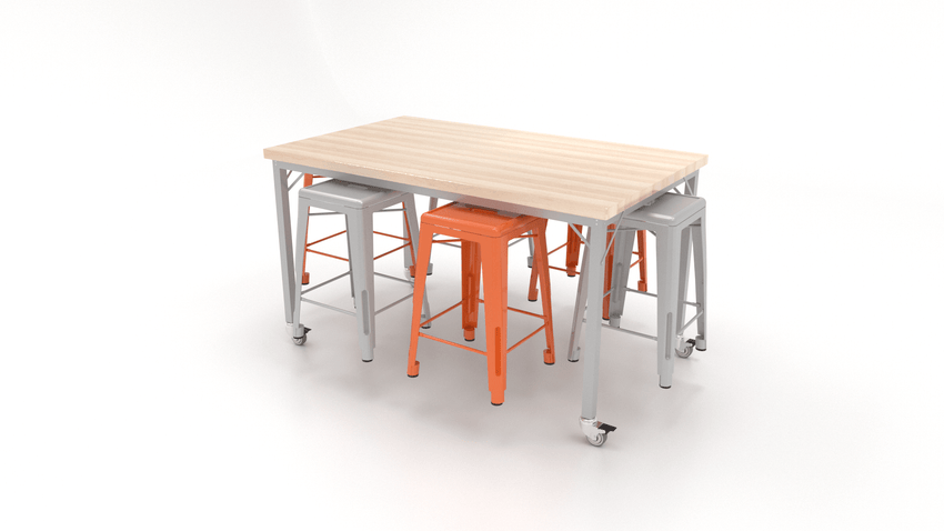 CEF Brainstorm Workbench 34"H with Butcher Block Top and Steel Frame, 6 Magnetic Metal Stools Included, for 3rd Grade and Up ADA Compliant - SchoolOutlet