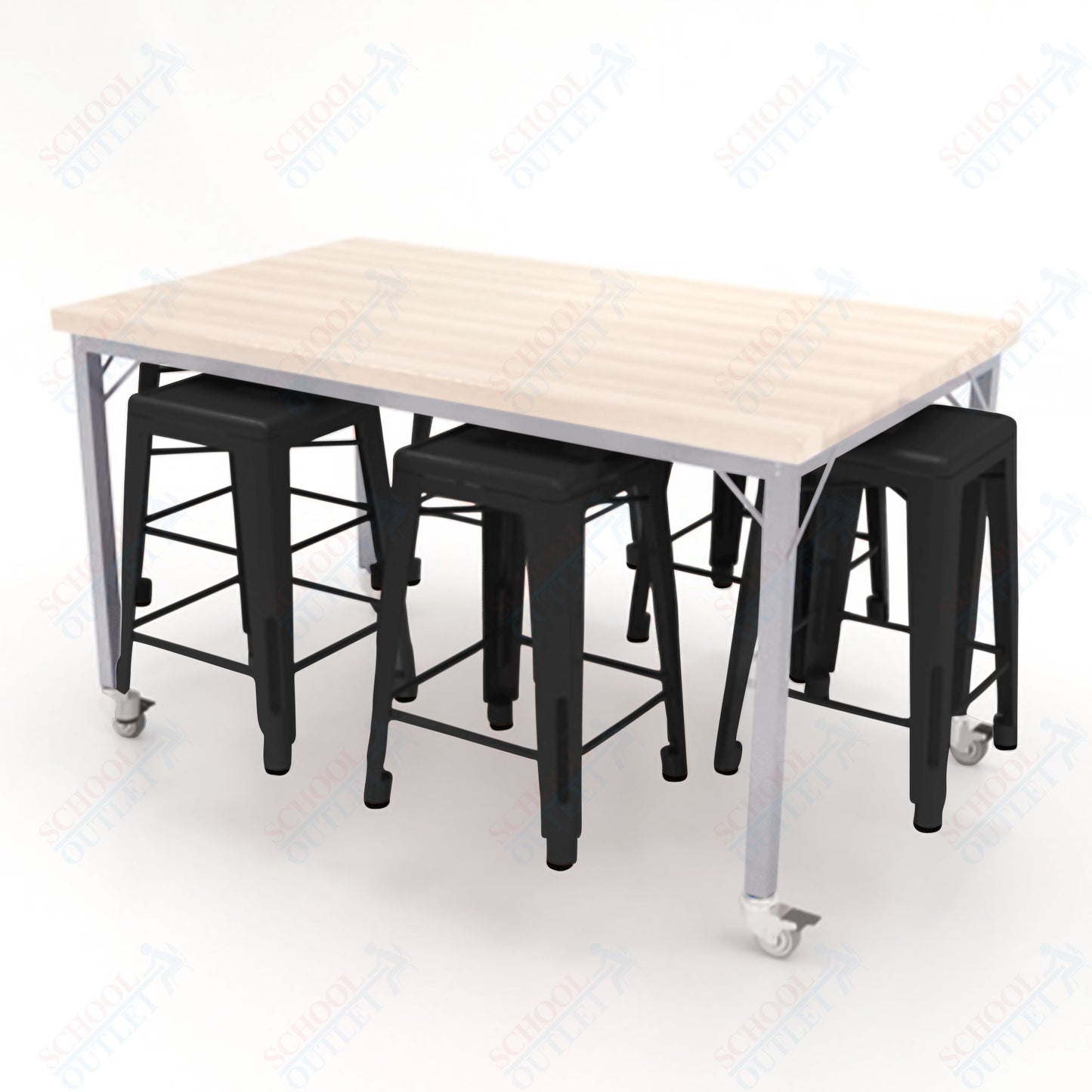 CEF Brainstorm Workbench 34"H with Butcher Block Top and Steel Frame, 6 Magnetic Metal Stools Included, for 3rd Grade and Up ADA Compliant - SchoolOutlet