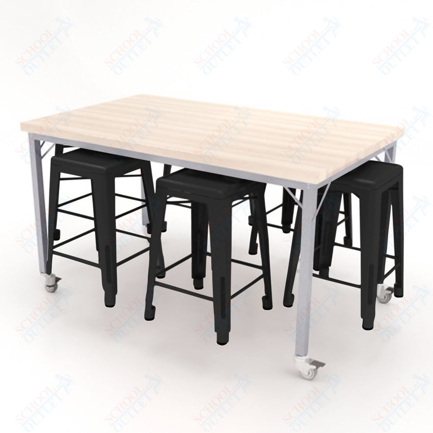 CEF Brainstorm Workbench 34"H with Butcher Block Top and Steel Frame, 6 Magnetic Metal Stools Included, for 3rd Grade and Up ADA Compliant - SchoolOutlet