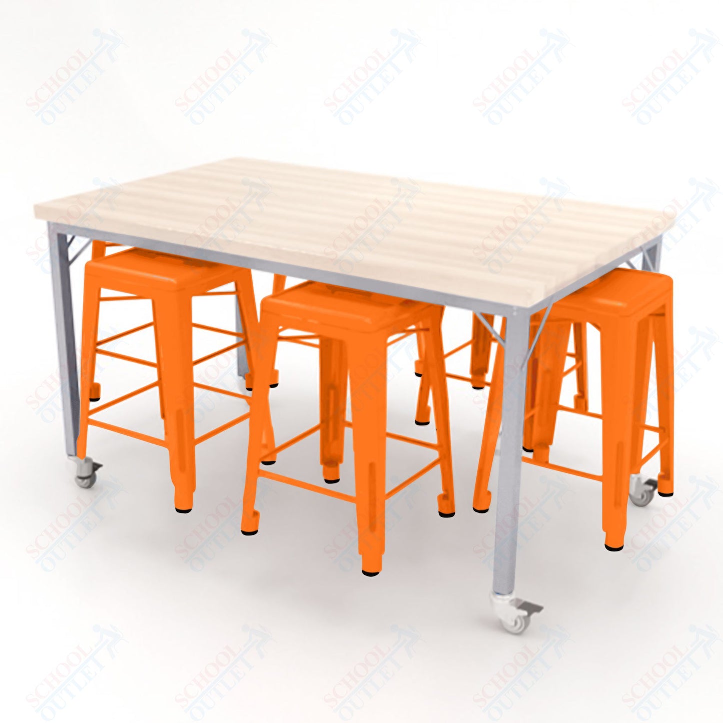 CEF Brainstorm Workbench 34"H with Butcher Block Top and Steel Frame, 6 Magnetic Metal Stools Included, for 3rd Grade and Up ADA Compliant - SchoolOutlet
