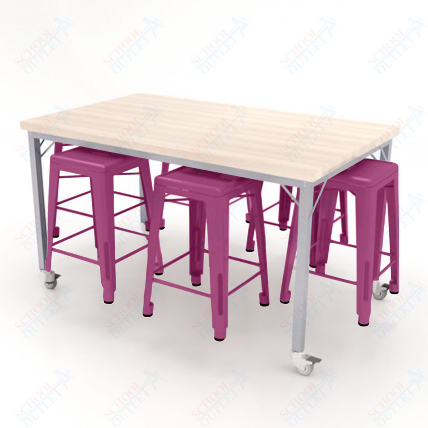 CEF Brainstorm Workbench 34"H with Butcher Block Top and Steel Frame, 6 Magnetic Metal Stools Included, for 3rd Grade and Up ADA Compliant - SchoolOutlet