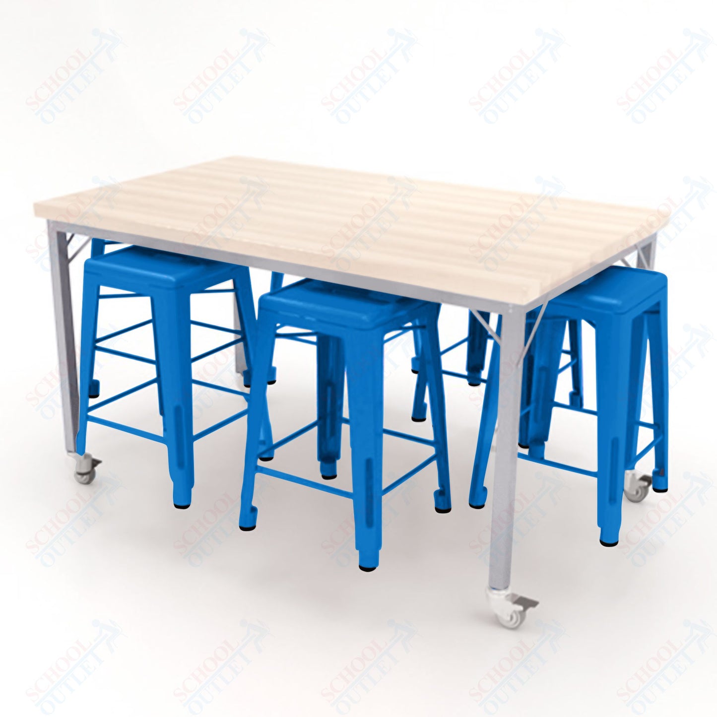 CEF Brainstorm Workbench 34"H with Butcher Block Top and Steel Frame, 6 Magnetic Metal Stools Included, for 3rd Grade and Up ADA Compliant - SchoolOutlet