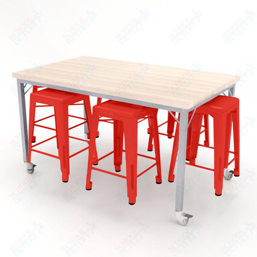 CEF Brainstorm Workbench 34"H with Butcher Block Top and Steel Frame, 6 Magnetic Metal Stools Included, for 3rd Grade and Up ADA Compliant - SchoolOutlet