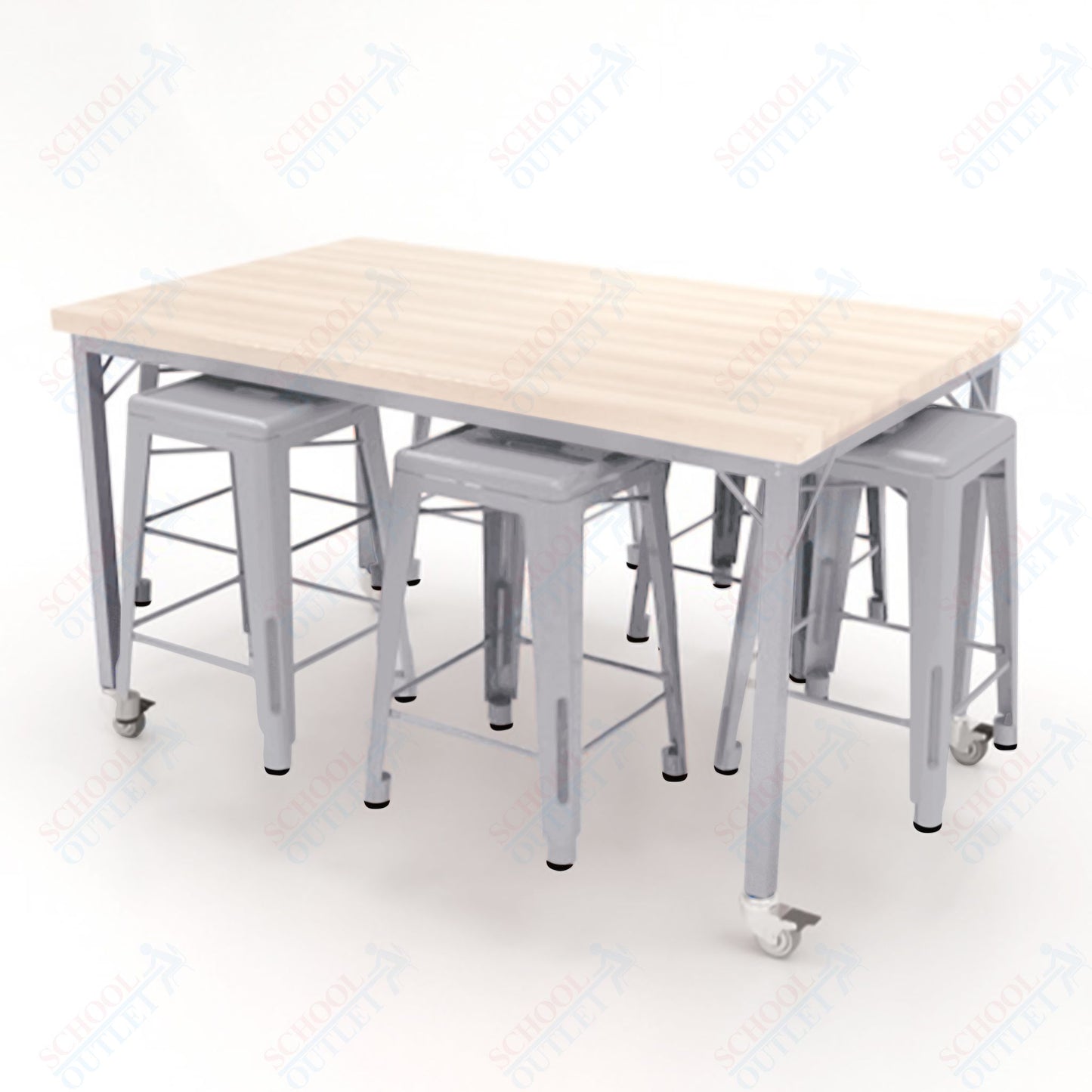 CEF Brainstorm Workbench 34"H with Butcher Block Top and Steel Frame, 6 Magnetic Metal Stools Included, for 3rd Grade and Up ADA Compliant - SchoolOutlet