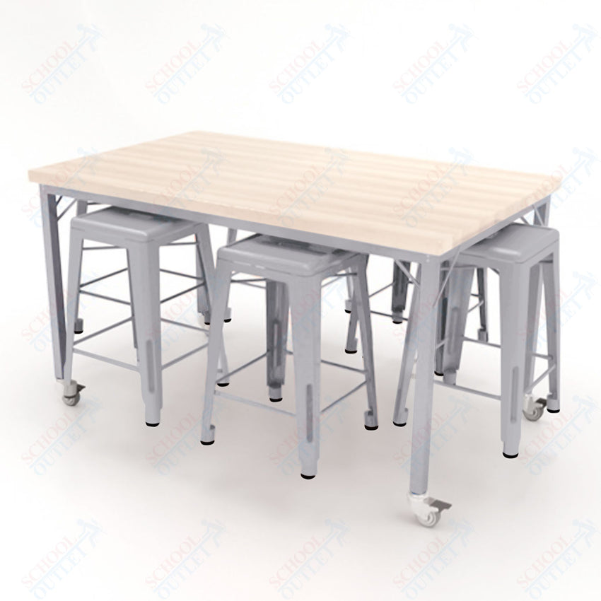 CEF Brainstorm Workbench 34"H with Butcher Block Top and Steel Frame, 6 Magnetic Metal Stools Included, for 3rd Grade and Up ADA Compliant - SchoolOutlet