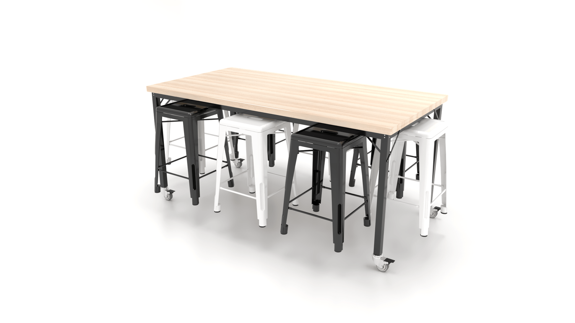 CEF Brainstorm Workbench 34"H with Butcher Block Top and Steel Frame, 8 Magnetic Metal Stools Included, for 3rd Grade and Up ADA Compliant - SchoolOutlet