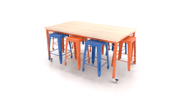 CEF Brainstorm Workbench 34"H with Butcher Block Top and Steel Frame, 8 Magnetic Metal Stools Included, for 3rd Grade and Up ADA Compliant