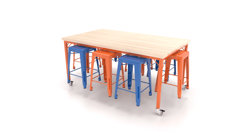 CEF Brainstorm Workbench 34"H with Butcher Block Top and Steel Frame, 8 Magnetic Metal Stools Included, for 3rd Grade and Up ADA Compliant - SchoolOutlet