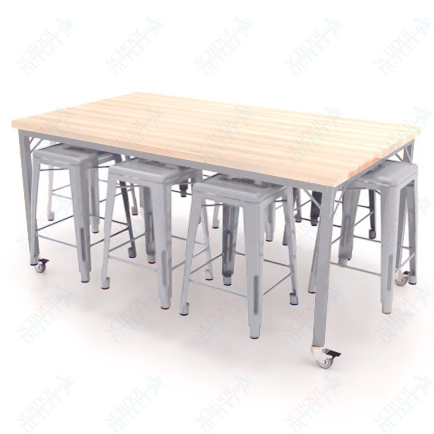 CEF Brainstorm Workbench 34"H with Butcher Block Top and Steel Frame, 8 Magnetic Metal Stools Included, for 3rd Grade and Up ADA Compliant - SchoolOutlet