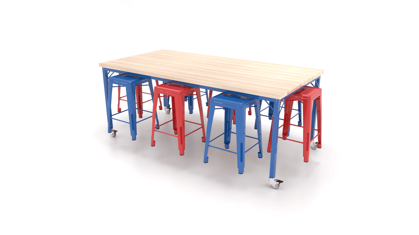 CEF Brainstorm Workbench 34"H with Butcher Block Top and Steel Frame, 8 Magnetic Metal Stools Included, for 3rd Grade and Up ADA Compliant - SchoolOutlet