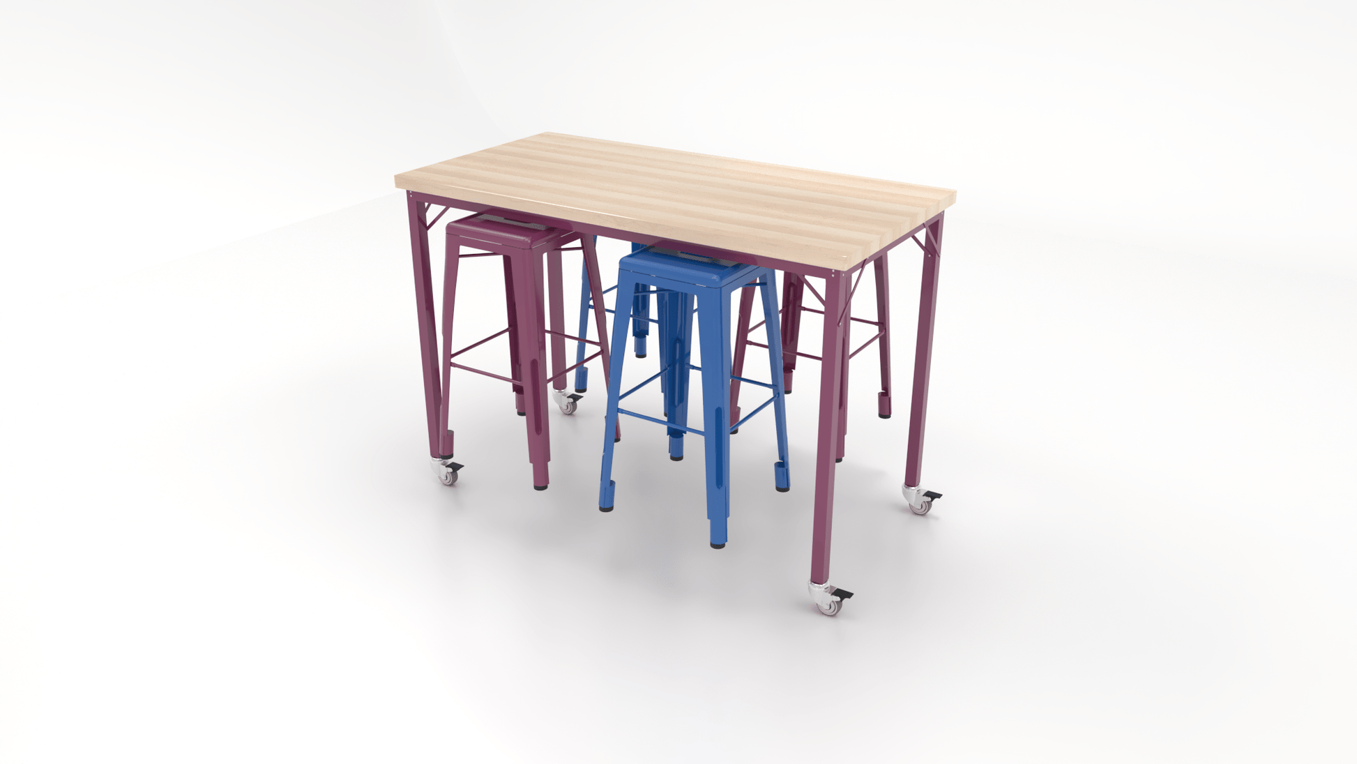 CEF Brainstorm Workbench 42"H with Butcher Block Top and Steel Frame, 4 Magnetic Metal Stools Included, for 6th Grade and Up - SchoolOutlet