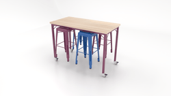 CEF Brainstorm Workbench 42"H with Butcher Block Top and Steel Frame, 4 Magnetic Metal Stools Included, for 6th Grade and Up