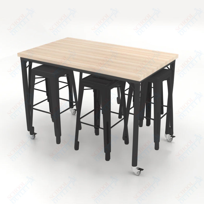 CEF Brainstorm Workbench 42"H with Butcher Block Top and Steel Frame, 6 Magnetic Metal Stools Included, for 6th Grade and Up - SchoolOutlet
