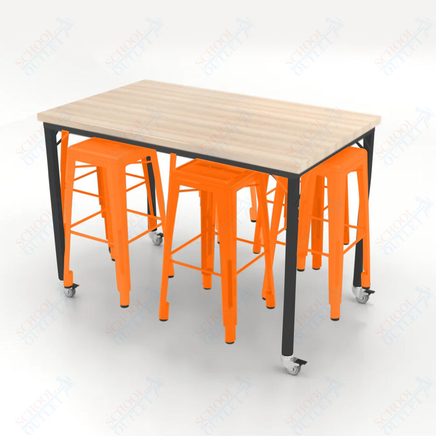CEF Brainstorm Workbench 42"H with Butcher Block Top and Steel Frame, 6 Magnetic Metal Stools Included, for 6th Grade and Up - SchoolOutlet